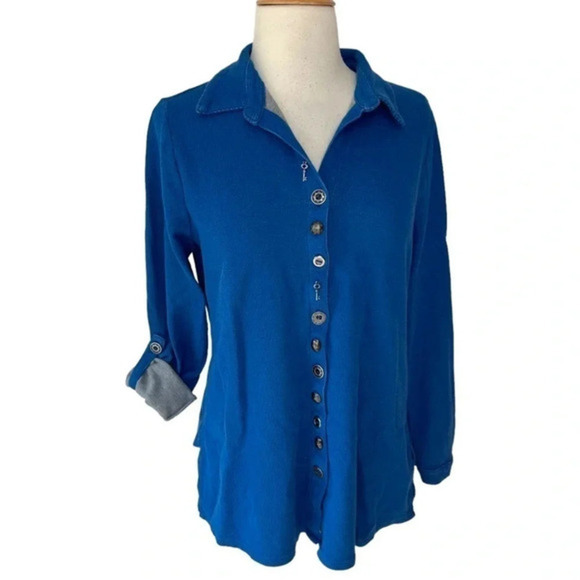 Soft Surroundings M blue waffle knit  rolled sleeves button down shacket‎ top - Picture 1 of 7